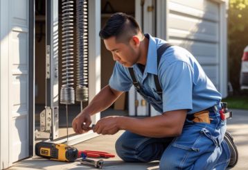 Garage door technician repairing a spring on a residential garage door in Seattle