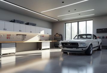 Modern garage with custom cabinets, workbench, and classic car in Seattle
