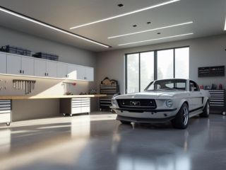 Custom Garage Solutions in Seattle Modern garage with custom cabinets, workbench, and classic car in Seattle