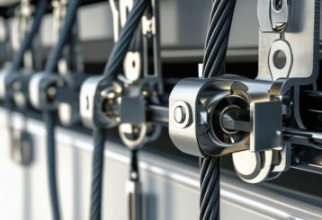 Close-up of garage door cable and track system with professional repair hardware