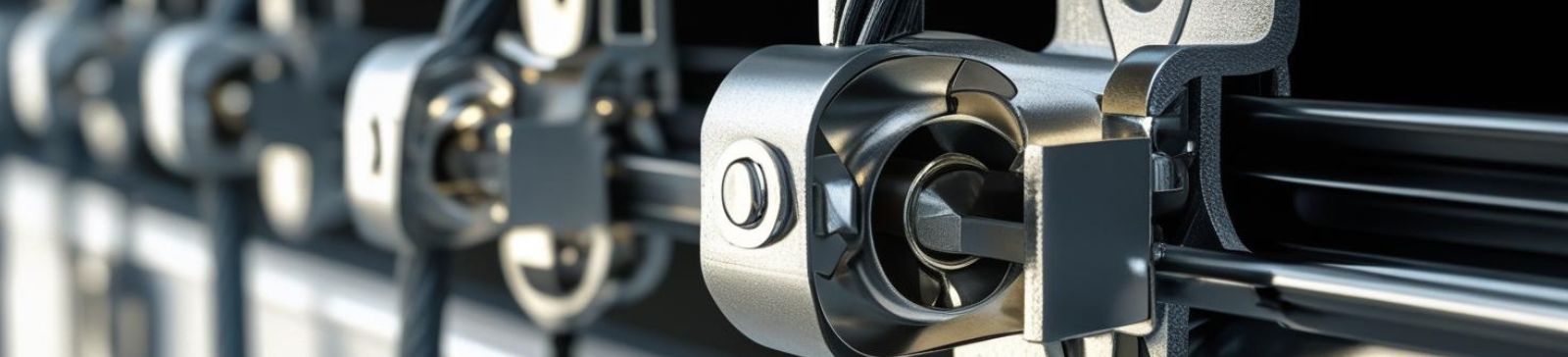 Close-up of garage door cable and track system with professional repair hardware