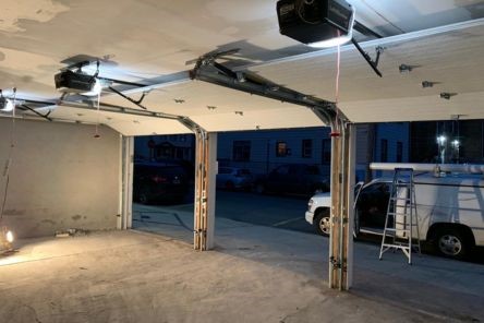 Raynor Eden Coast imitation wood garage door and LiftMaster opener setup