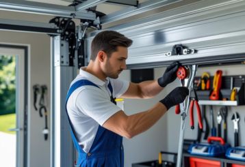 Professional technician servicing a residential garage door with tools