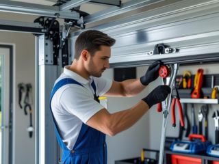 Professional technician servicing a residential garage door with tools