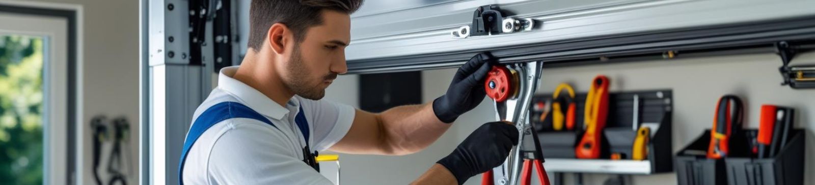 Professional technician servicing a residential garage door with tools