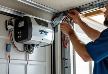 Technician installing a LiftMaster garage door opener in a residential garage
