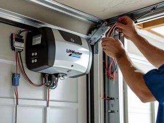 Professional Garage Door Opener Installation Technician installing a LiftMaster garage door opener in a residential garage
