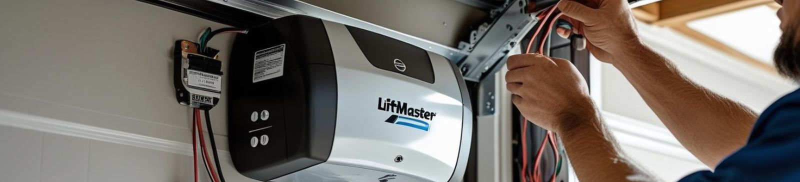 Technician installing a LiftMaster garage door opener in a residential garage