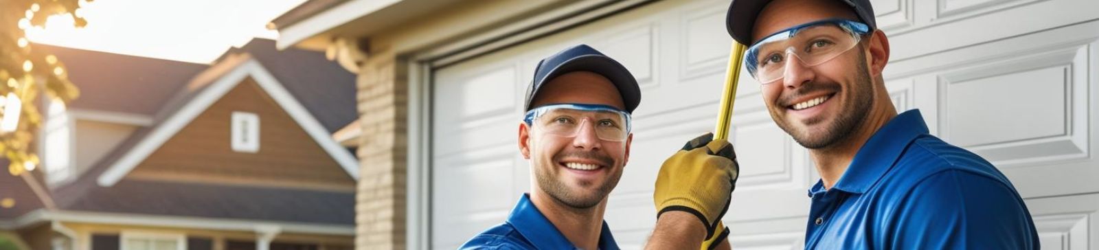 Two garage door repair technicians working on a residential garage door in Edmonds, Snohomish County