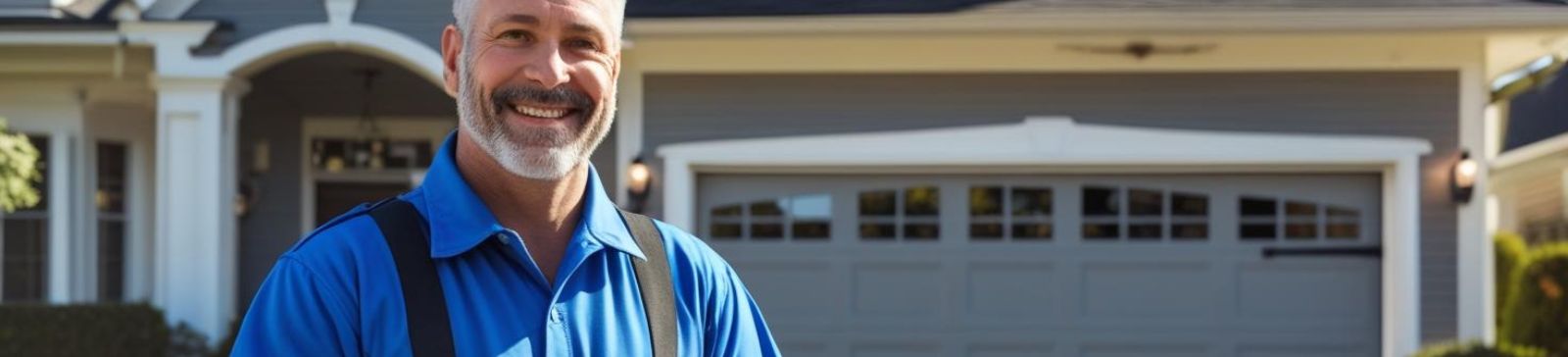 Garage door repair technician stands confidently in front of a residential house with a toolbox, ready for service in Federal Way.
