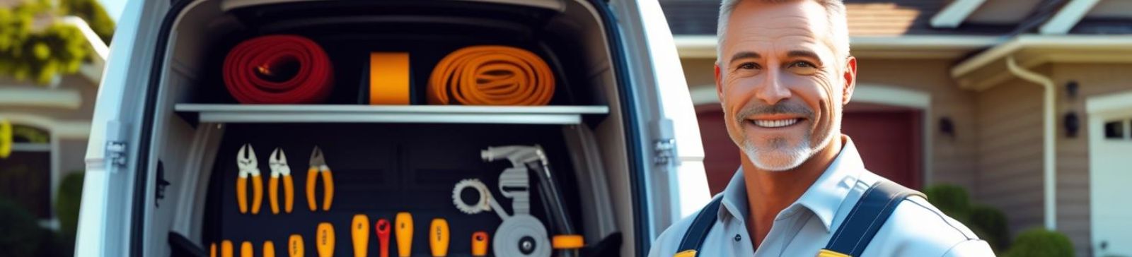 Garage door repair technician standing by a service van equipped with professional tools, ready for prompt garage door repairs in Issaquah residential area.