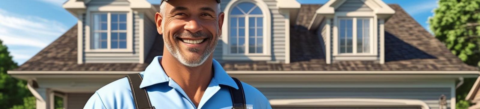 Professional garage door repair technician standing in front of a suburban home while holding a wrench, showcasing readiness for service in a residential neighborhood.