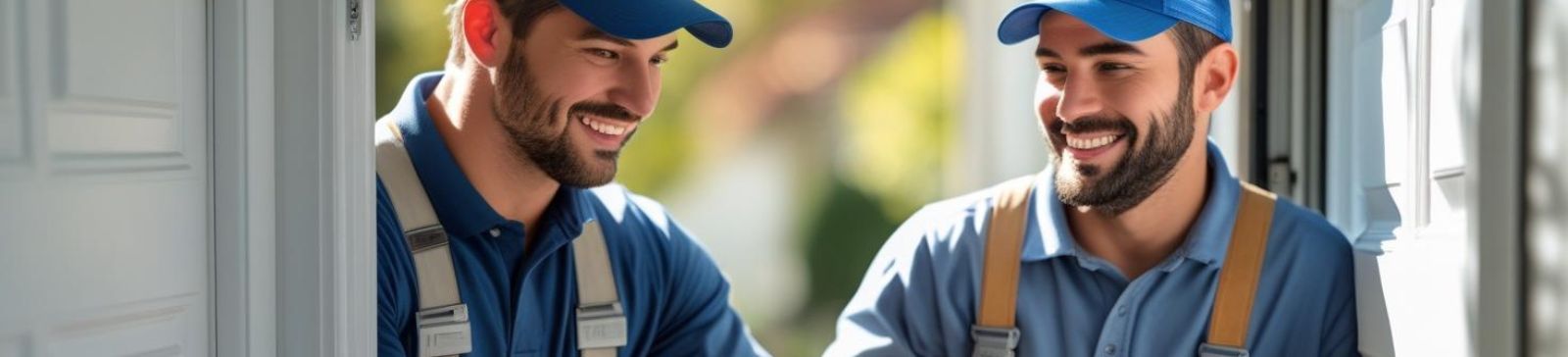 Two garage door repair technicians in uniform working on a garage door in Marysville, Snohomish County