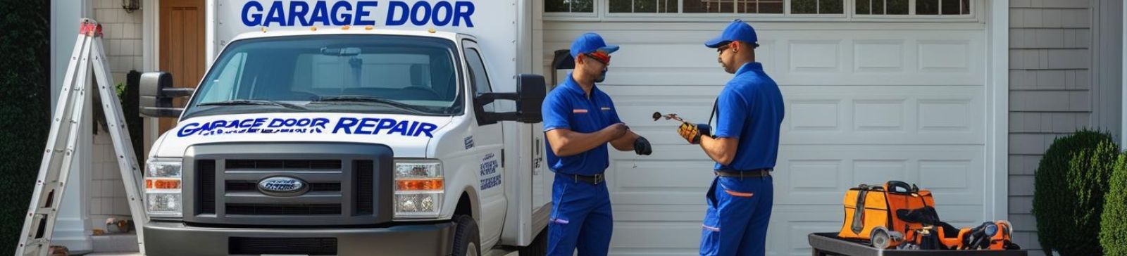 Two garage door technicians in blue uniforms and a garage door repair truck preparing tools in front of a residential garage on Mercer Island, King County.