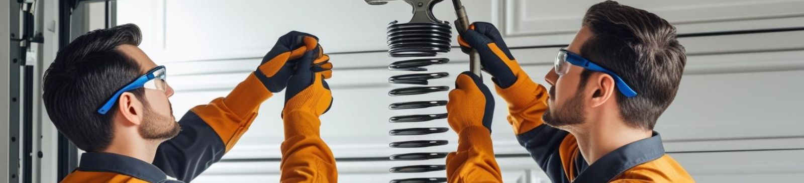 Two professional garage door repair technicians fixing a garage door spring in Mill Creek garage