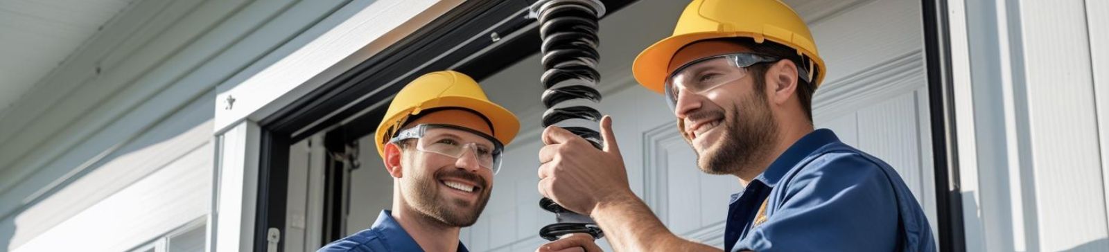 Two garage door technicians installing a new spring on a residential garage door in Monroe, WA