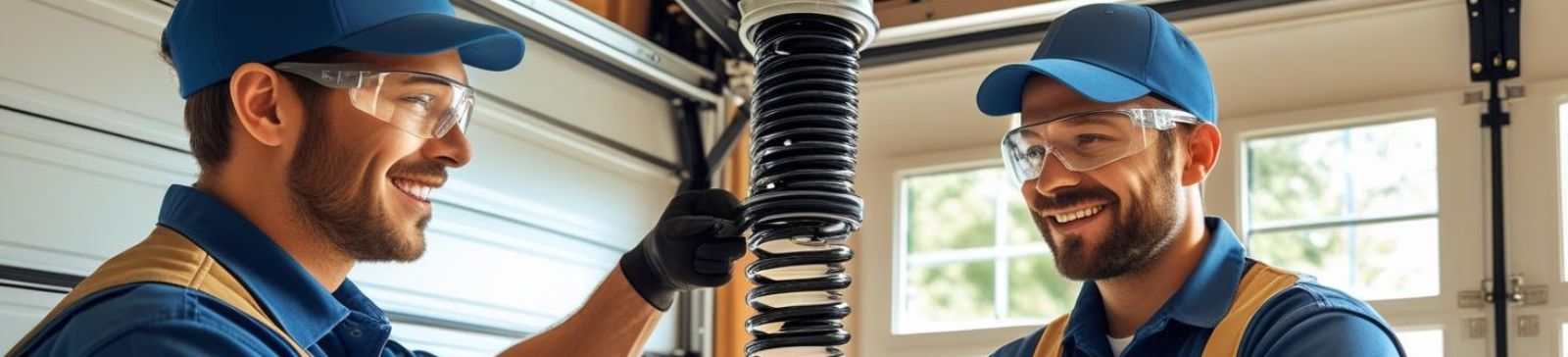 Two smiling garage door technicians installing a new spring inside a residential garage in Mukilteo, WA
