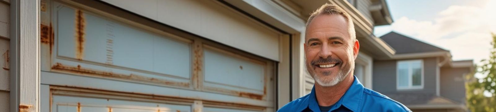 Professional garage door repair technician standing in front of a residential garage, holding a wrench and ready to provide expert garage door service in Redmond.