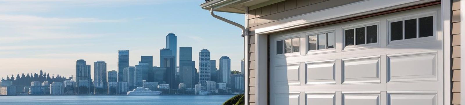 White garage door with windows overlooking the Seattle skyline from Mercer Island