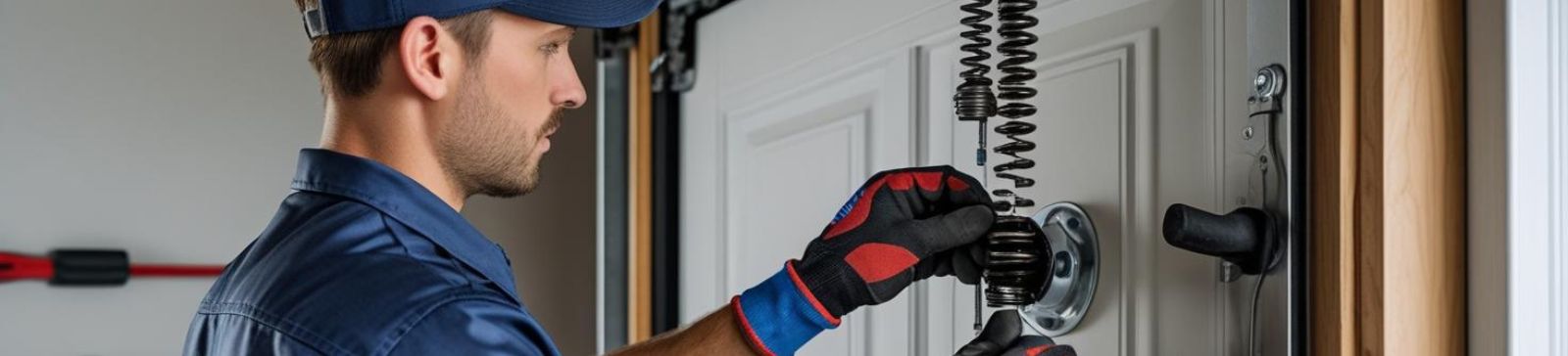 Professional garage door technician in Seattle adjusting a garage door spring with tools in a residential garage