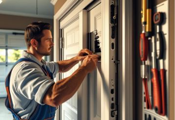 Technician repairing a residential garage door with tools and parts in a Seattle home garage.