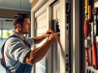 Technician repairing a residential garage door with tools and parts in a Seattle home garage.
