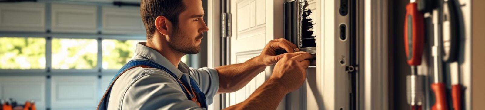 Technician repairing a residential garage door with tools and parts in a Seattle home garage.