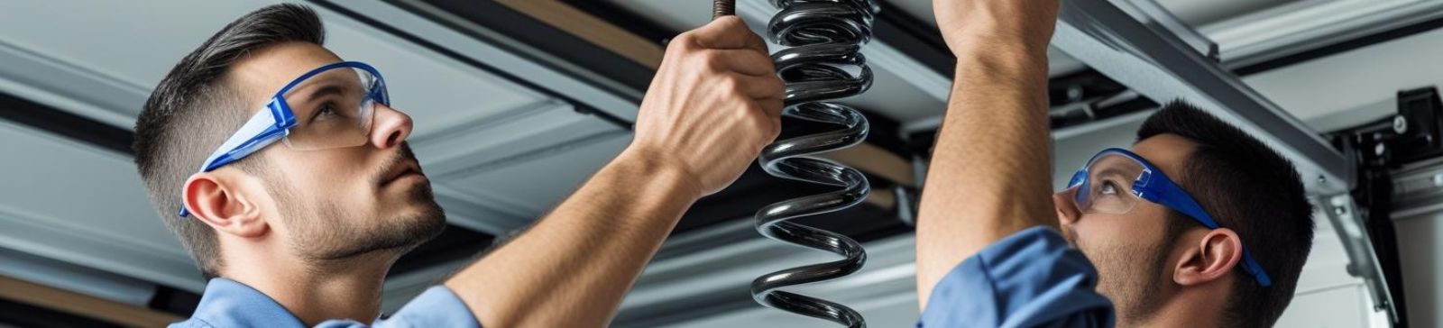 Two expert garage door repair technicians installing a torsion spring inside a garage in Stanwood, WA