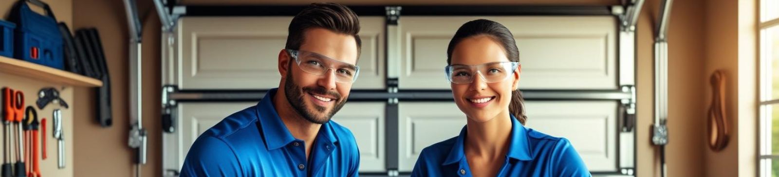 Two professional garage door technicians in blue uniforms repairing and maintaining a residential garage door in Tukwila, King County.