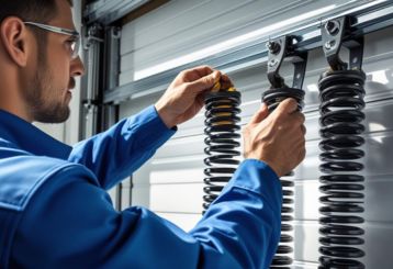 Technician repairing garage door springs on a residential garage door
