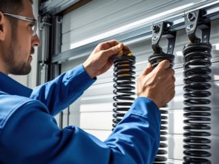 Professional Garage Door Spring Repair Technician repairing garage door springs on a residential garage door