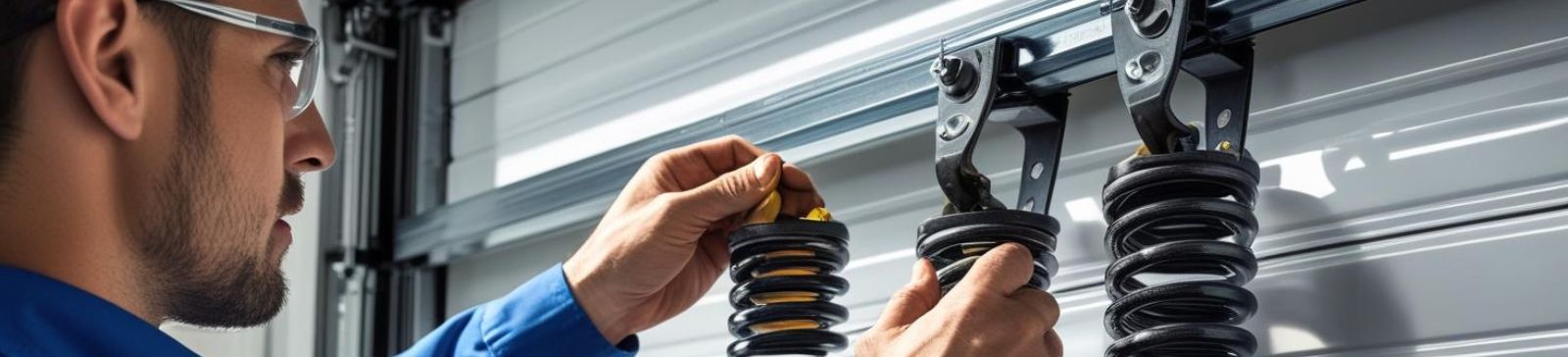 Technician repairing garage door springs on a residential garage door