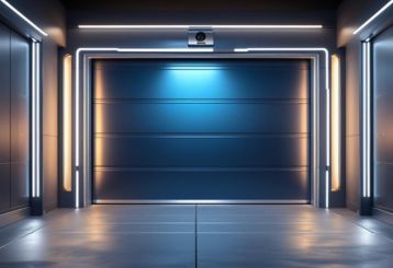 Sleek, modern garage door with integrated smart lighting and security camera in a contemporary Seattle garage