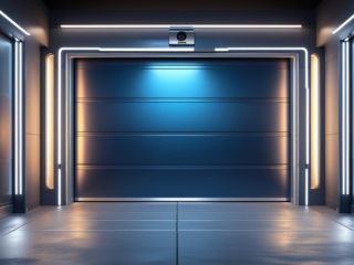 Sleek, modern garage door with integrated smart lighting and security camera in a contemporary Seattle garage