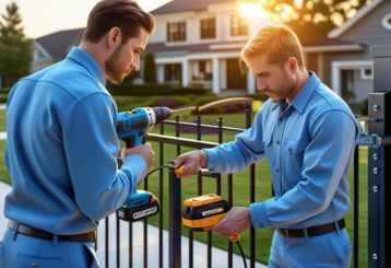 Technicians repairing a residential gate with power tools