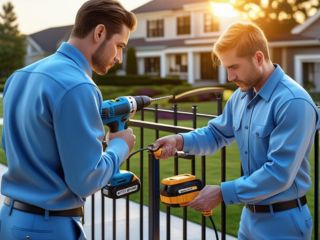 Technicians repairing a residential gate with power tools