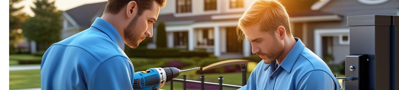 Technicians repairing a residential gate with power tools