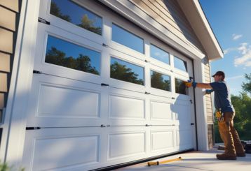 Technician installing a new white garage door on a residential home in Seattle