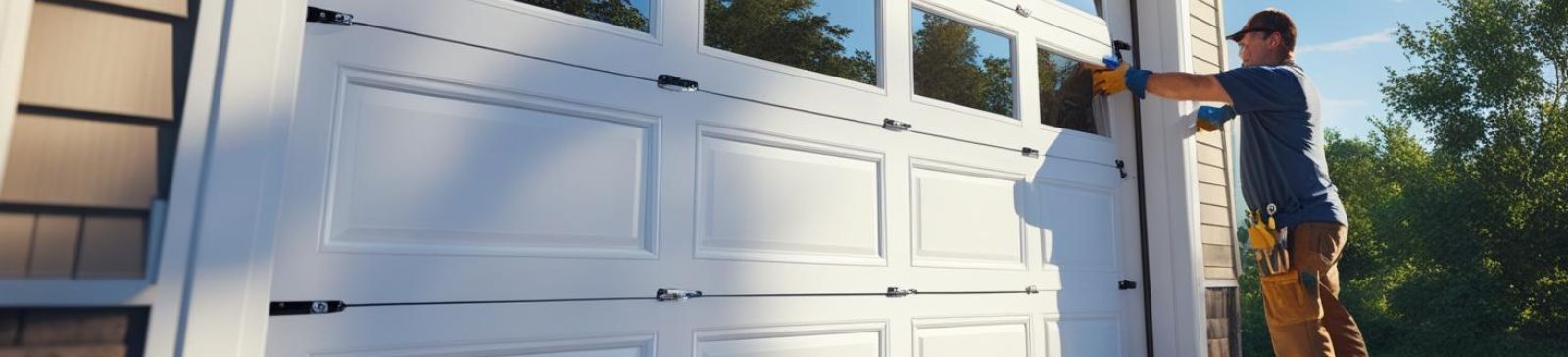 Technician installing a new white garage door on a residential home in Seattle