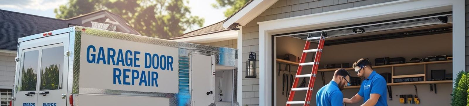 Garage door repair truck and two technicians with tools working on an overhead garage door in Maple Valley residential driveway.