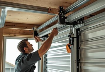 Technician performing maintenance on a rollup garage door in a residential garage