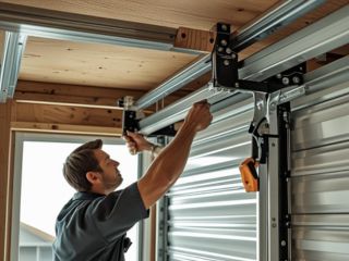 Rollup Garage Door Professional Service Technician performing maintenance on a rollup garage door in a residential garage