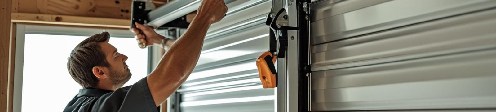 Technician performing maintenance on a rollup garage door in a residential garage
